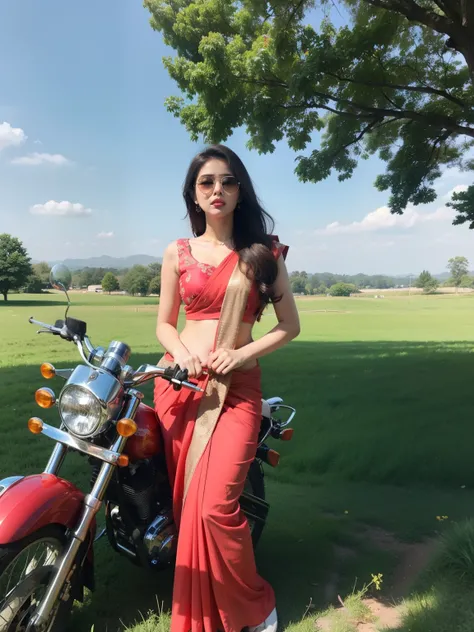 The image shows a woman standing in a field with a motorcycle parked next to her. The woman is wearing a traditional Indian saree in shades of pink, blue, and gold. She is standing with her hands on her hips and is looking directly at the camera. The motor...