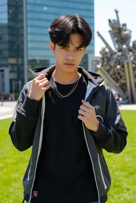 Prompt:
A young man with Shaggy black hair, casually tousled, poses outdoors on a sunny day. He wears a black and gray sporty jacket with white details, featuring visible pockets and zippers. Underneath, he has on a black T-shirt with a small red logo and ...