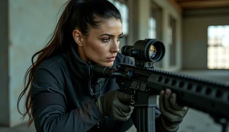 "A beautiful woman in her early 30s with milky white soft skin, peers through the sniper scope of a rifle, scanning a warehouse's broken windows for any signs of danger. Her intense, focused eyes reflect determination. She is wearing a tactical outfit—a fi...