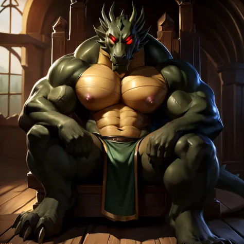 Shendu, Male, Solo, Muscular, Abs, Big Pectorals, pink nipples, big nipples, Wearing Loincloth,big bugle, red eyes, Red glowing eyes, Scales, Dark Green Colored body, claws, dragon tail, sitting on throne, feets, medieval bedroom,Grinning, Daddy Vibe, Arms...