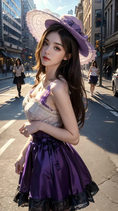 4K ultra hd, masterpiece, 1 girl, good face, long hair, beautiful hairstyle, ((lace petticoat)), ((purple petticoat)), bare waist, ((lace)), necklace, hat, in the city, ray tracing, bloom, god rays, direct-x, cinematic pose,