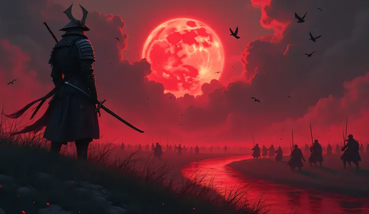 A lone samurai stands on a grassy hill, gazing over a blood-soaked battlefield under a full moon. His battered armor is drenched in crimson, and his katana drips with fresh blood. Torn robes flow in the wind as the night sky glows red from the dying embers...