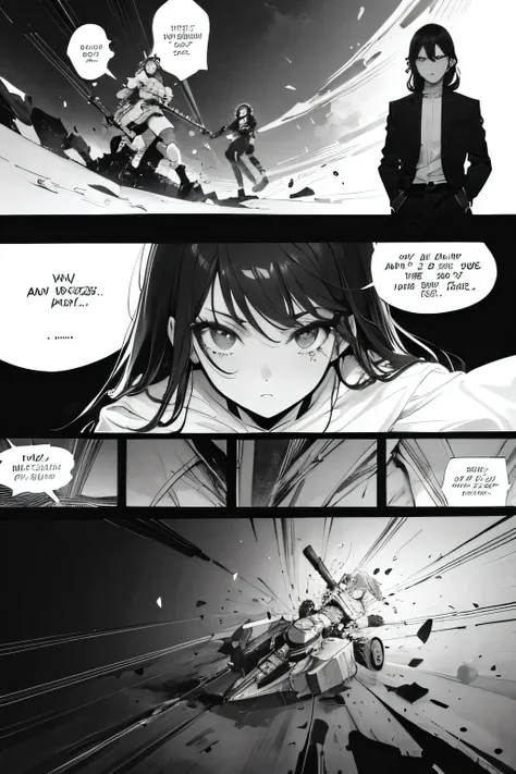  battle in forest ,a page from a comic with a girl and a mecha in the background, black and white manga page, black and white manga panel, black and white manga comic, manga page, manga panels, award winning manga style, black and white manga, manga panel,...