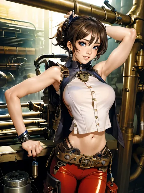 ((Seductive Anime Girl:1.2、solo:1.3))、((steampunk:1.5))、((mechanical room:1.5))、((Mechanic worker:1.5))、((Side view))、((arms behind head:1.5))、((Raise your arms to show your armpits:1.5))、((dynamic angle:1.5))、((dynamic posing))、((KAHKI、cargo pants:1.3))、(...