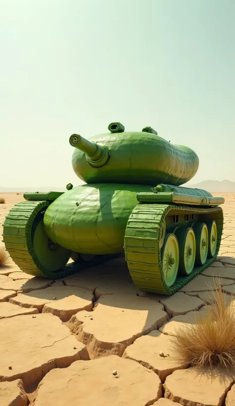 A wartank fully made of cucumber in dry creaked desert 