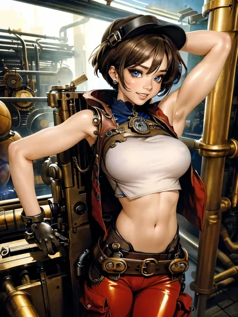 ((Seductive Anime Girl:1.2、solo:1.3))、((steampunk:1.5))、((mechanical room:1.5))、((Mechanic worker:1.5))、((Side view))、((leather gloves:1.5))、((dynamic angle:1.5))、((dynamic posing))、((KAHKI、cargo pants:1.3))、((open clothes:1.3))、((sleeveless:1.3))、((huge b...