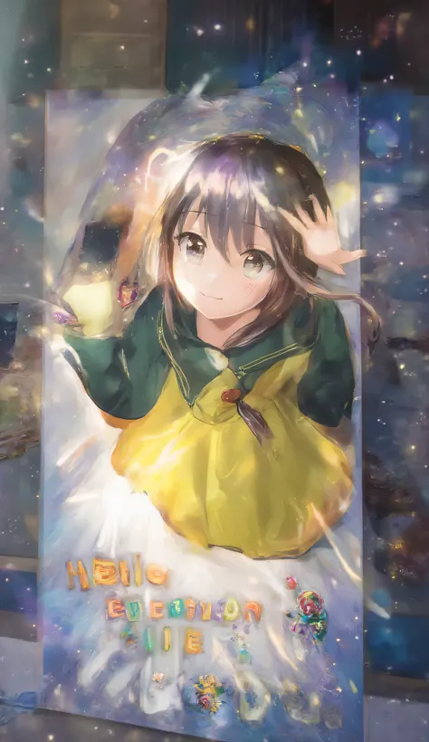 The girl is standing out of a poster that says "Hello everyone friends "  she is wearing a yellow dress her eyes are like a rainbow she is wearing the green uniform of a mysterious man