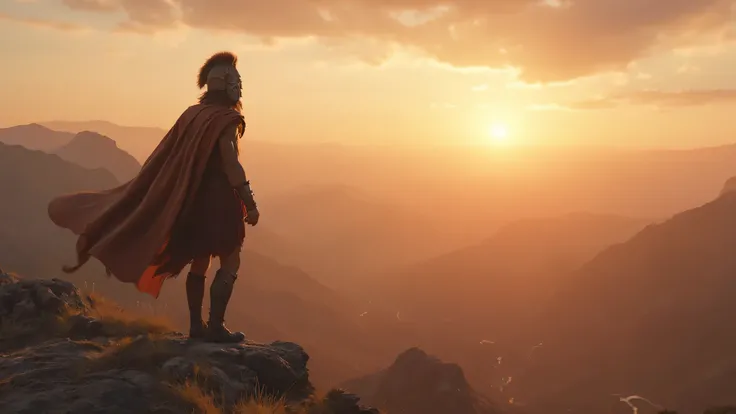 Hercules wearing a leather armor with a classical Greek style skirt, a lion skin cloak, and a helmet in the shape of a lion's head, standing on top of a mountain observing the horizon, with a realistic style and Hercules as a silhouette against the sunset ...