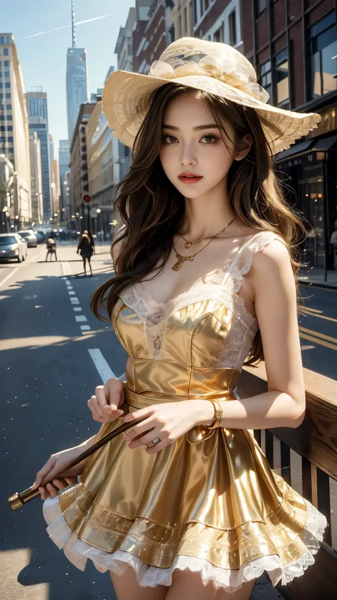 4K ultra hd, masterpiece, 1 girl, good face, long hair, beautiful hairstyle, ((lace petticoat)), ((golden petticoat)), bare waist, ((lace)), necklace, hat, in the city, ray tracing, bloom, god rays, direct-x, cinematic pose,