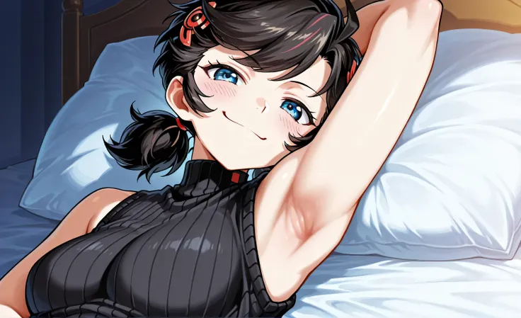 anime screencap, 1girl, solo, Peni Parker, twin tails, black hair, Blue eyes, black sweater, sleeveless sweater, ribbed sweater, turtleneck, breasts, sleeveless, bare shoulders, bare arms, arm behind head, armpit, head towards viewer, looking at viewer, sm...