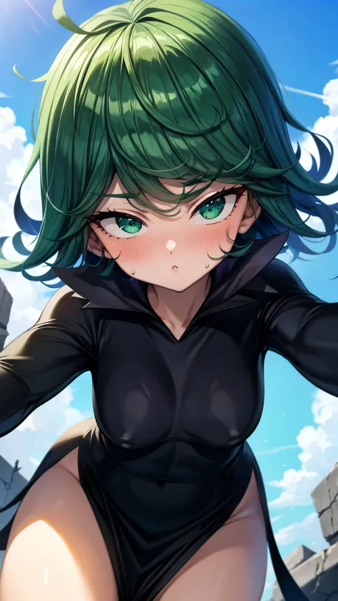 （ Super high quality, super high resolution,16k,super masterpiece,Ultra HD , detailed shading and background,） taken from below, sexy girl , long sleeve black dress ,Green short hair,Hair lifts ,Clouds, blue sky, and piles of rubble,blush, sweaty,Open your...