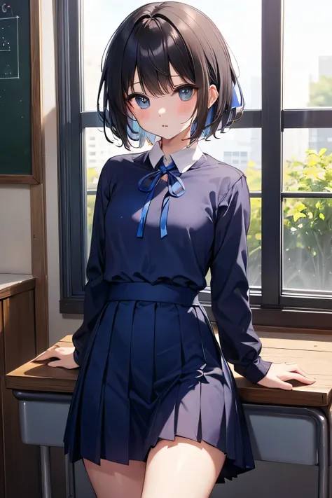 school uniform,(blue ribbon:1.5),(Amazed:1.5),boyish,brown short hair,small breasts,