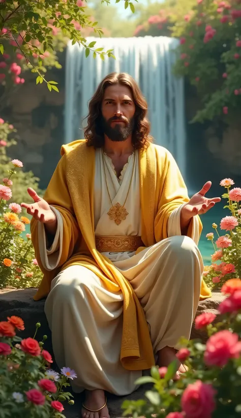 A breathtaking depiction of Jesus Christ seated in a garden filled with vibrant flowers. A waterfall flows gently behind him, and a divine light illuminates his peaceful expression. His golden-embroidered robe shines softly as he extends his hands in a ges...