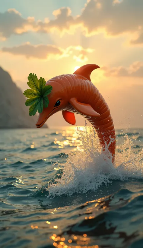 "A surreal and whimsical hybrid creature combining a dolphin and an carrot , leaping gracefully out of the water. The dolphin's body has the smooth, shiny orenge texture of an carrot, complete with a green leafy stem on its head. The background features a ...