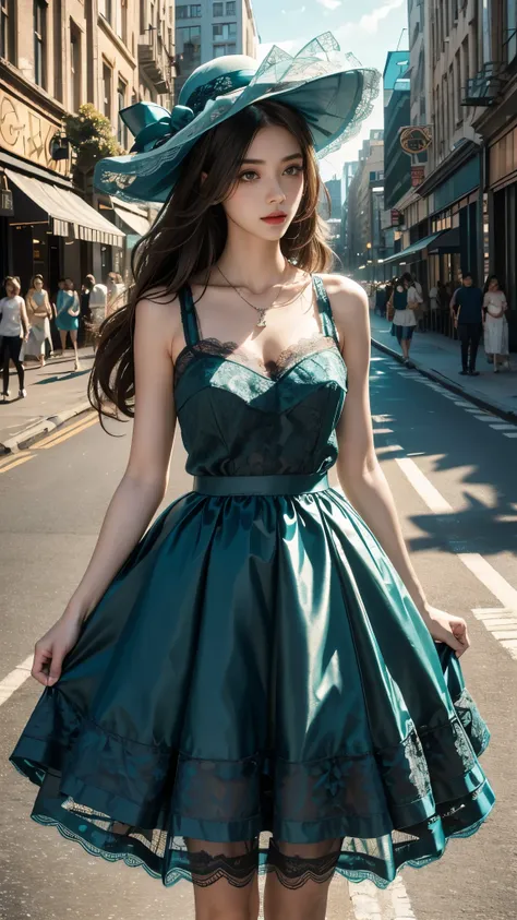 4K ultra hd, masterpiece, 1 girl, good face, long hair, beautiful hairstyle, ((lace petticoat)), ((teal petticoat)), bare waist, ((lace)), necklace, hat, in the city, ray tracing, bloom, god rays, direct-x, cinematic pose,