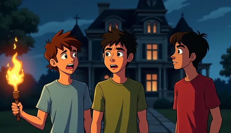 Ramu, Shiv, and Kamal, standing outside the haunted mansion with burning torches in hand. Ramu (brown hair, blue shirt), Shiv (black hair, green shirt), and Kamal (dark hair, red shirt) look at each other with expressions of fear and determination. (Ramu: ...