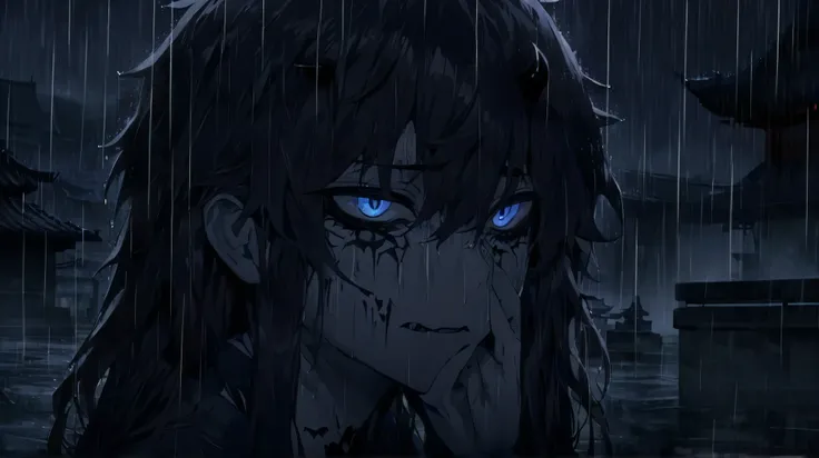 masterpiece, best quality, 1 demon boy, night, rain, detailed face, detailed eyes, japanese touch, dark theme, anime structure, character must be a boy or a man 