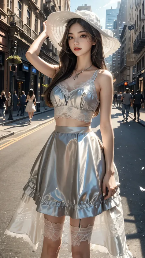 4K ultra hd, masterpiece, 1 girl, good face, long hair, beautiful hairstyle, ((lace petticoat)), ((silver petticoat)), bare waist, ((lace)), necklace, hat, in the city, ray tracing, bloom, god rays, direct-x, cinematic pose,