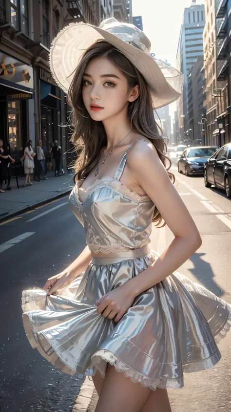 4K ultra hd, masterpiece, 1 girl, good face, long hair, beautiful hairstyle, ((lace petticoat)), ((silver petticoat)), bare waist, ((lace)), necklace, hat, in the city, ray tracing, bloom, god rays, direct-x, cinematic pose,