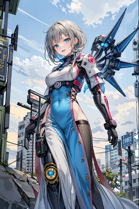 masterpiece, 最 high quality,  high quality, ( future:1.1), ( cyberpunk style costume),  cinematic lighting, ( beautifully detailed background),  beautiful hair detail ,  dramatic lighting,  
 1 girl, Mecha, ( malicious laugh:1.2),  from below,  blurry back...