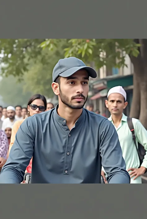 Creat an image of man in attached picture. He is riding aloader rickshaw in Pakistani street full with beautiful female Pakistani Transgenders.