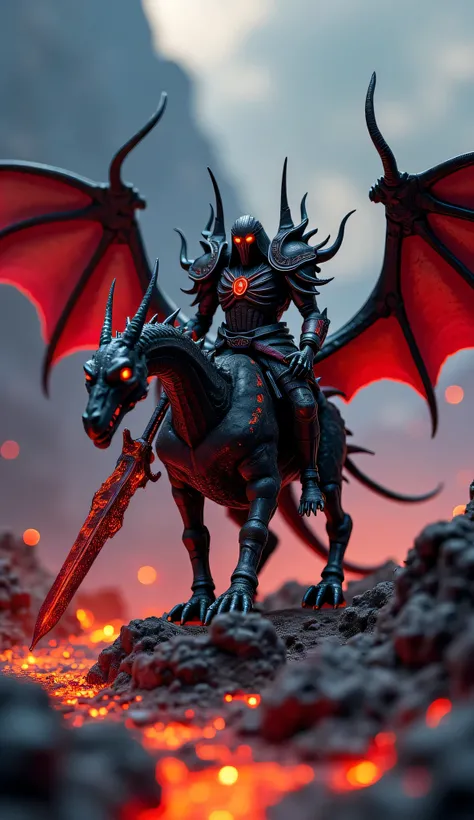 A highly detailed and cinematic macro photograph of a miniature dark overlord villain, clad in jagged black obsidian armor with glowing crimson runes carved into the plates. The villain wields a massive, serrated greatsword pulsating with red energy. They ...