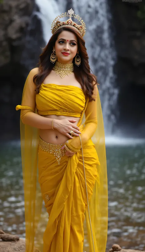 Create a full body image of a beautiful mythical woman wearing a golden bikini bra, lo golden transparent saree, golden crown, gold jewellery at head, golden necklace and body chain, waist chain, golden high heels, large breast, flat smooth stomach, round ...