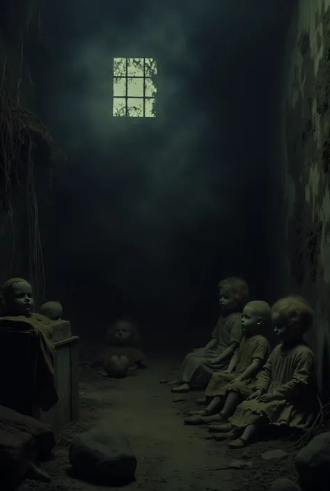 Create a dark and mysterious image of an old, dusty attic, lit only by a dim light coming through a small window. In the center, a collection of antique dolls is disorganized, some sitting, others lying down, with facial expressions that vary between innoc...
