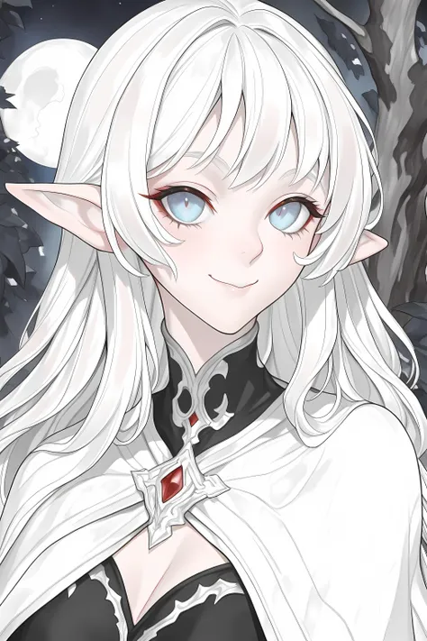a portrait of a female elf vampire traveling on the forest road, an exquisite beautiful female elf (ultra details, Masterpiece, best quality), red hair, small pointed ears, pale skin, long hair, blue eyes, smirking, wearing dark black silk dress, intricate...