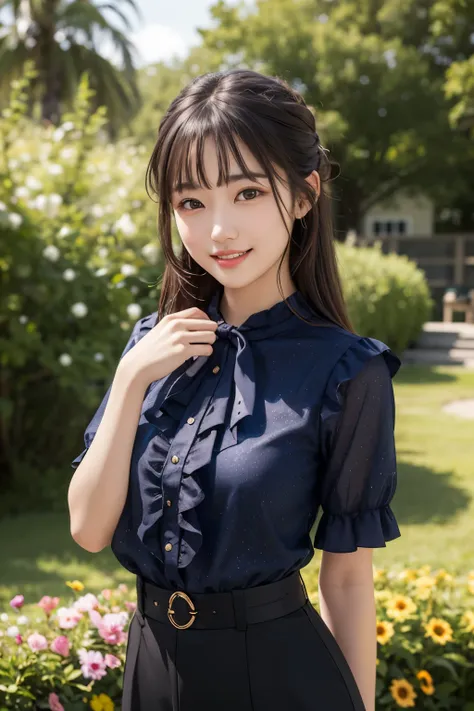 1 young girl,very cute and beautiful japanese  actress,highly detailed beautiful face,
(elegant classic frilled navyblue blouse) BREAK (smile:1.2),happy,looking at viewer,standing,arms behind back,cowboy shot,solo,
(laced white underwear), flower garden,fo...