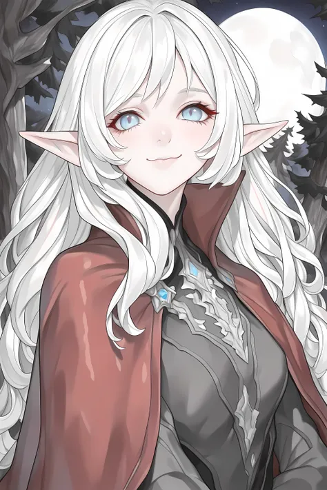 a portrait of a female elf vampire traveling on the forest road, an exquisite beautiful female elf , red hair, small pointed ears, pale skin, long hair, deep blue eyes, smirking, wearing dark black silk dress, intricate dress, dress , red cloak, in dark f...