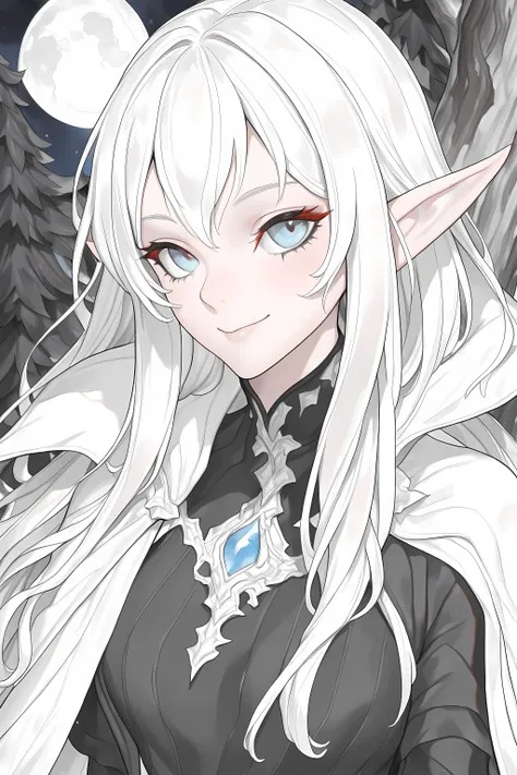 a portrait of a female elf vampire traveling on the forest road, an exquisite beautiful female elf (ultra details, Masterpiece, best quality), red hair, small pointed ears, pale skin, long hair, blue eyes, smirking, wearing dark black silk dress, intricate...