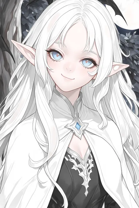 a portrait of a female elf vampire traveling on the forest road, an exquisite beautiful female elf (ultra details, Masterpiece, best quality), red hair, small pointed ears, pale skin, long hair, blue eyes, smirking, wearing dark black silk dress, intricate...