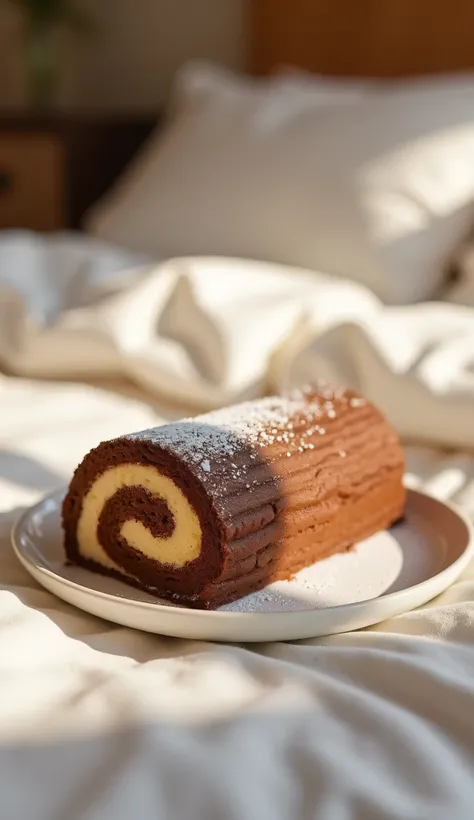 beautiful log cake on a plate on the bed 