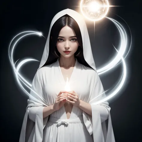 Divinity. Woman with a white robe.  glowing eyes 