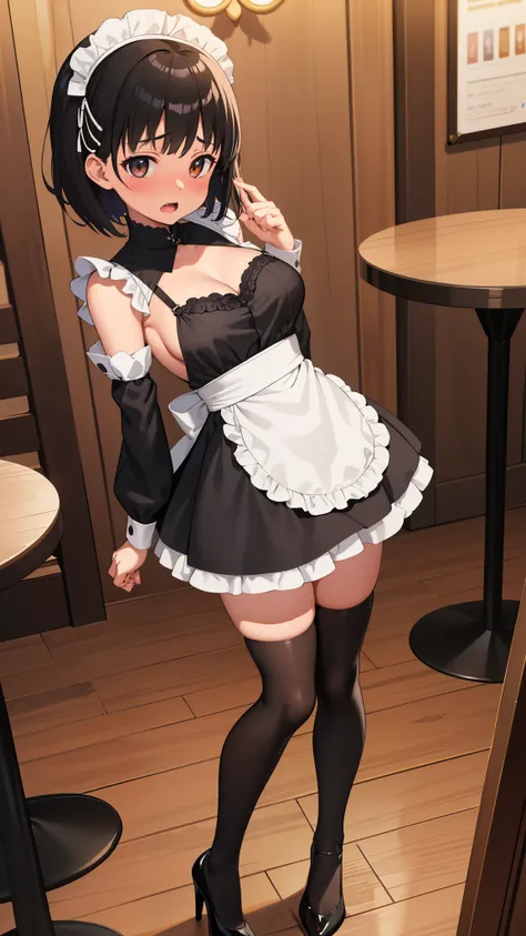  high quality、High image quality、detailed picture 、One Girl、positive、Standing posture、Full body portrait、Black Hair、Medium haircut、blush、Absolute area、Black knee-high socks、Knee-length、stockings、Black Pantyhose、 maid clothes,  mini skirt、Japanese lady、the ...