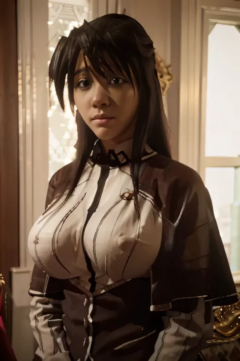 A beautiful detailed woman with large breasts, cosplaying as Akeno Himejima, long black hair, extremely detailed face and eyes, beautiful detailed lips, intricate cosplay outfit, elegant pose, photorealistic, masterpiece, ultra-detailed, high resolution, v...