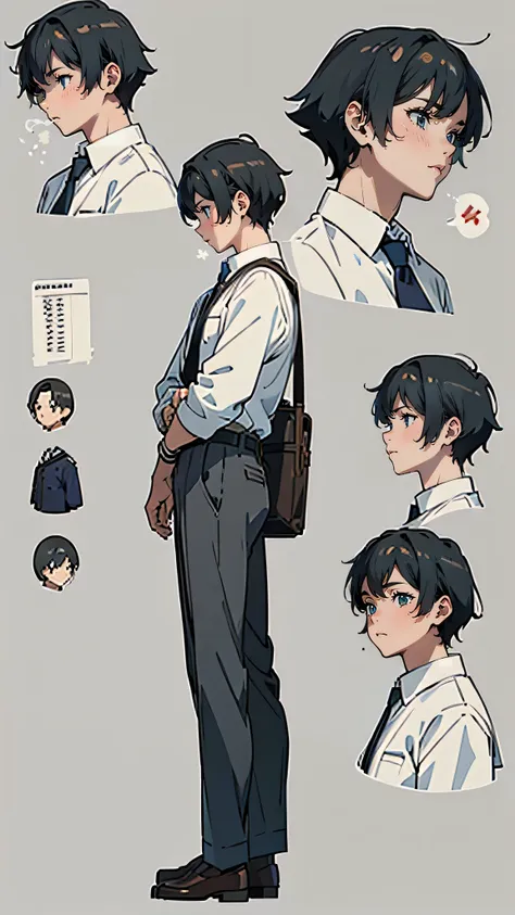 “A detailed anime character sheet of a high school boy set in a rural countryside setting. The character is , with short black hair that is slightly messy, and warm brown eyes. His outfit includes a traditional Japanese school uniform: a white shirt, a loo...