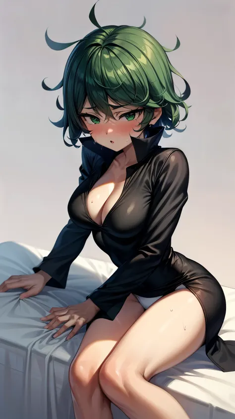 （ Super high quality, super high resolution,16k,super masterpiece,Ultra HD , detailed shading and background,） sexy girl , long sleeve black dress , cleavage,Green short hair,Only white panties on the lower half, lie down on the bed,blush, sweaty,Open your...