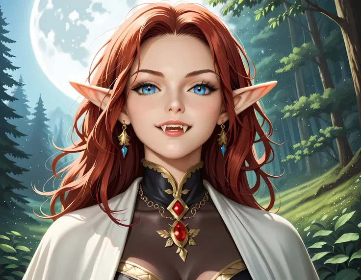 a portrait of a female elf vampire traveling on the forest road, an exquisite beautiful female elf (ultra details, Masterpiece, best quality), red hair, small pointed ears, pale skin, long hair, blue eyes, smirking, wearing dark black silk dress, intricate...