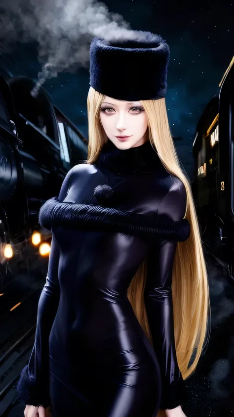 maetel, long hair, blonde hair,fur trim, black headwear, fur hat, dress,(cowboy shot:1.1), yellow eyes, (luggage:1.1), steam (train station:1.1),station platform,  night, galaxy,999
best quality, highly detailed, masterpiece, absurdres,8k,   (detailed eyes...