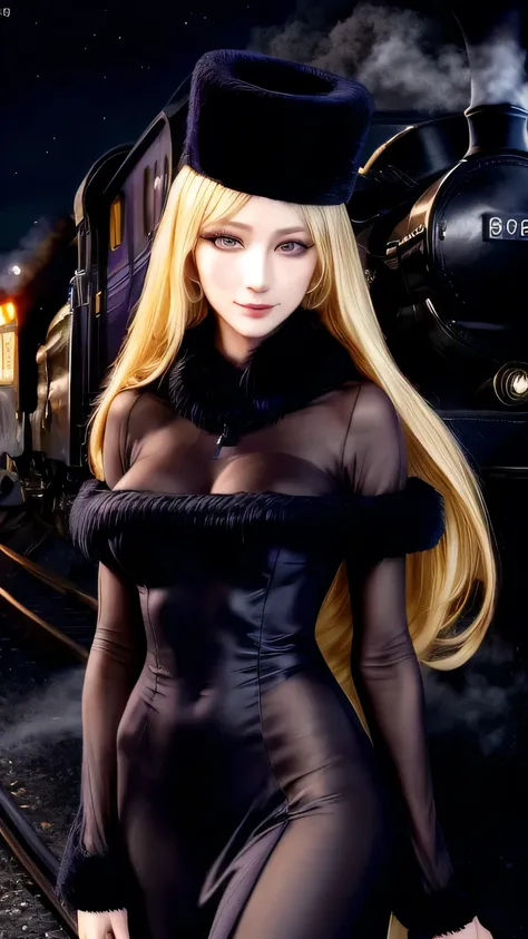 maetel, long hair, blonde hair,fur trim, black headwear, fur hat, dress,(cowboy shot:1.1), yellow eyes, (luggage:1.1), steam (train station:1.1),station platform,  night, galaxy,999
best quality, highly detailed, masterpiece, absurdres,8k,   (detailed eyes...