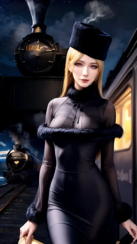 maetel, long hair, blonde hair,fur trim, black headwear, fur hat, dress,(cowboy shot:1.1), yellow eyes, (luggage:1.1), steam (train station:1.1),station platform,  night, galaxy,999
best quality, highly detailed, masterpiece, absurdres,8k,   (detailed eyes...