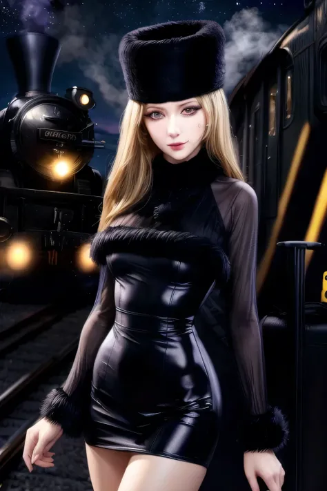 maetel, long hair, blonde hair,fur trim, black headwear, fur hat, dress,(cowboy shot:1.1), yellow eyes, (luggage:1.1), steam (train station:1.1),station platform,  night, galaxy,999
best quality, highly detailed, masterpiece, absurdres,8k,   (detailed eyes...