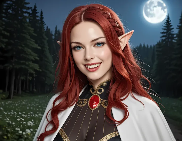 a portrait of a female elf vampire traveling on the forest road, an exquisite beautiful female elf (ultra details, Masterpiece, best quality), red hair, small pointed ears, pale skin, long hair, blue eyes, smirking, wearing dark black silk dress, intricate...