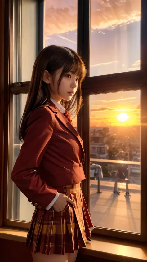   young Japanese girl in uniform   ,   wearing a plaid pleated micro mini skirt,   blazer,   beautiful detailed eyes,   glossy lips, length,   smooth,    with shiny brown hair and asymmetrical slanted bangs   ,   Nova Frog Style Floating Hair   ,  after sc...