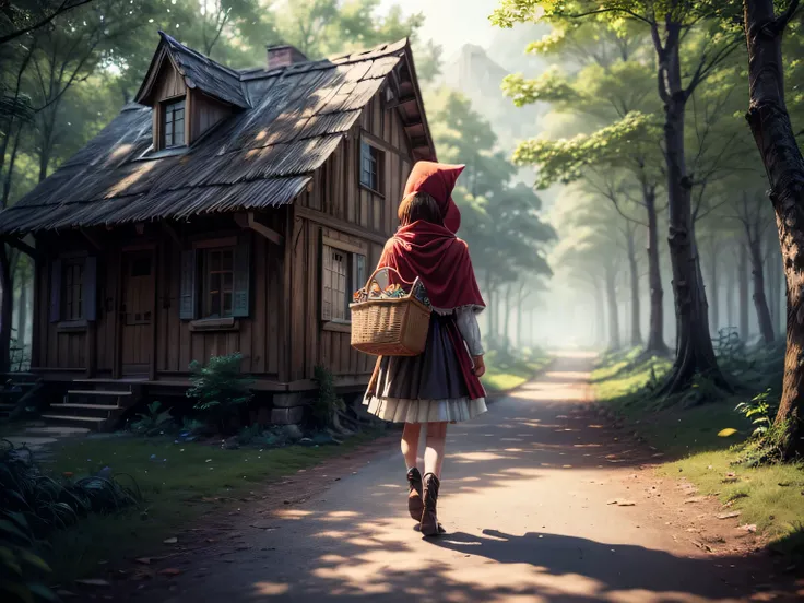  (masterpiece), best quality, a small medieval village with old stone houses, the village is surrounded by a dense forest with large trees, at a distance a young girl (little red riding hood) can be seen walking away from the village, carrying a basket ful...