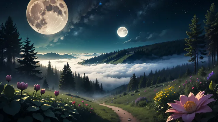 a beautiful forest with lots of plants and flowers growing. Nighttime, full moon, lots of stars in the sky. fog floating around. 