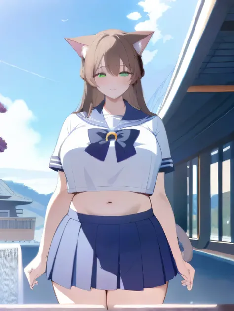 masterpiece, best quality, high quality, beautiful anime character, solo, anime girl with brown hair, soft hair, long hair, green eyes, cat ears, huge breasts, mature female, tall female, big girl, thick, (calming face, light smile, loving eyes), outdoors,...