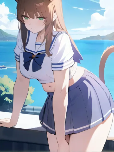 masterpiece, best quality, high quality, beautiful anime character, solo, anime girl with brown hair, soft hair, long hair, green eyes, cat ears, mature female, tall female, big girl, thick, (calming face, light smile, loving eyes), outdoors, (sailor unifo...